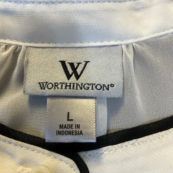 Worthington Sheer Button Front Blouse Size L Ivory w Black Piping - Picture 6 of 9